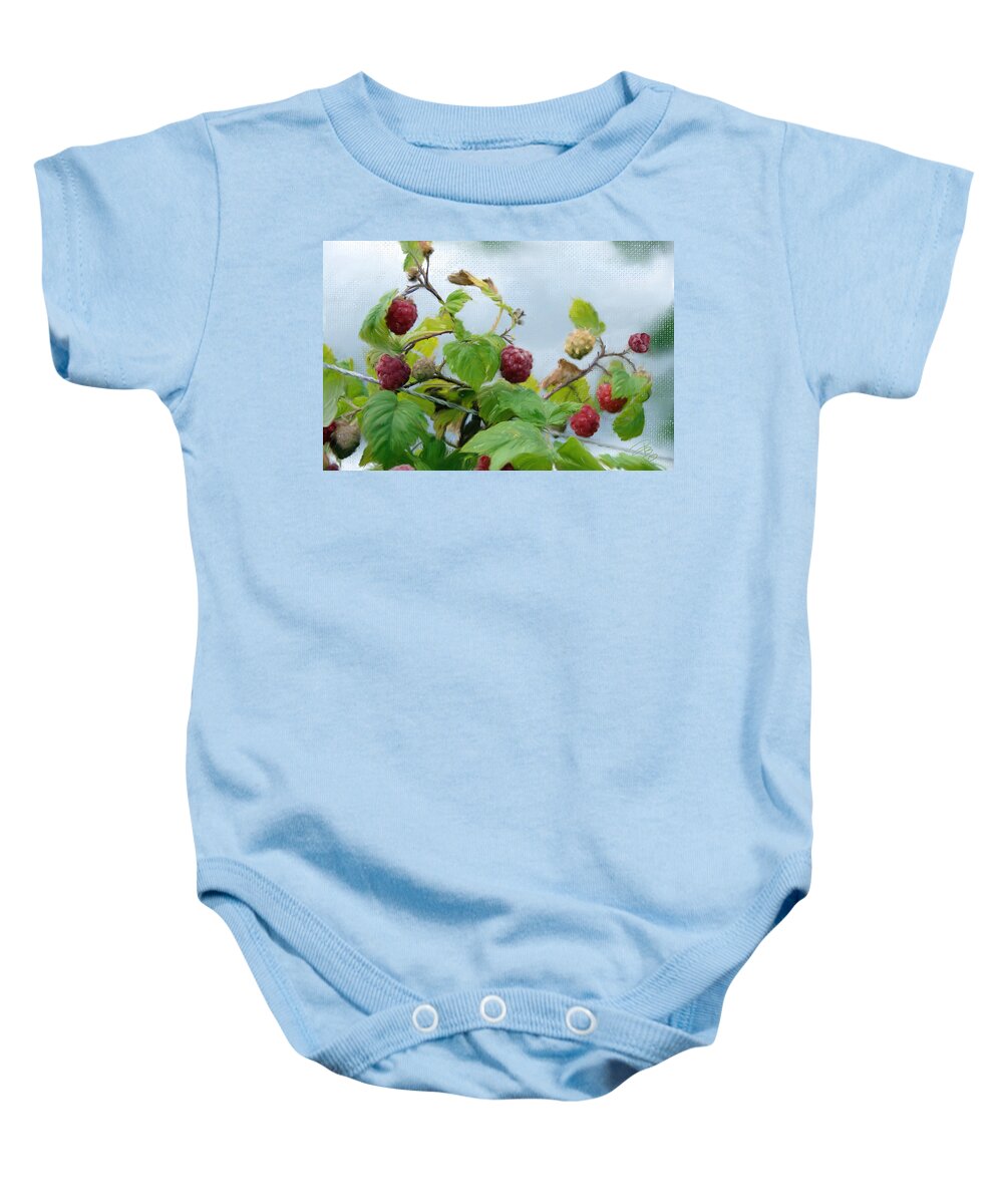 Agriculture Baby Onesie featuring the digital art Raspberries on a fence by Debra Baldwin