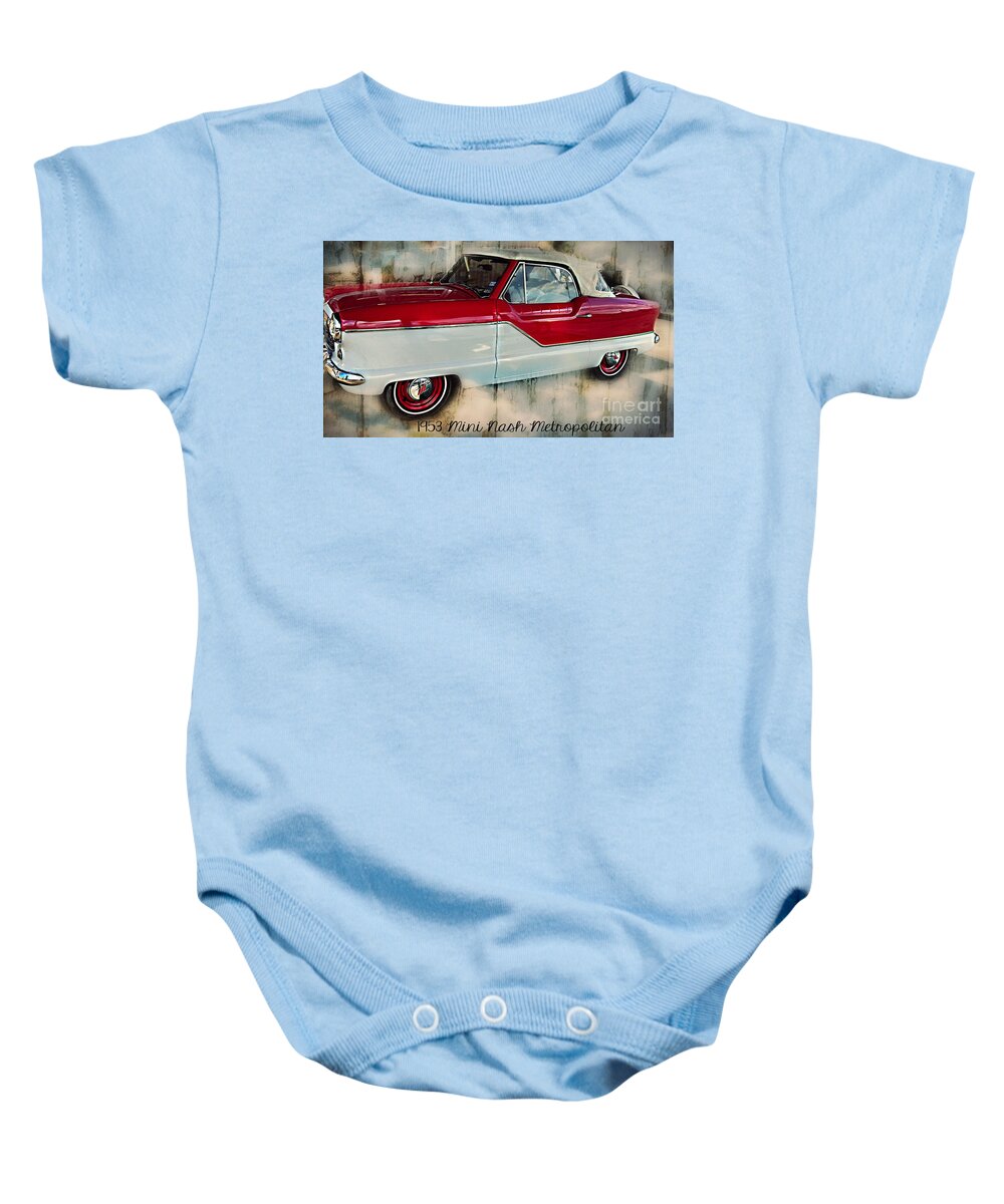 Red Mini Nash Car Baby Onesie featuring the photograph Red Mini Nash Vintage Car by Peggy Franz