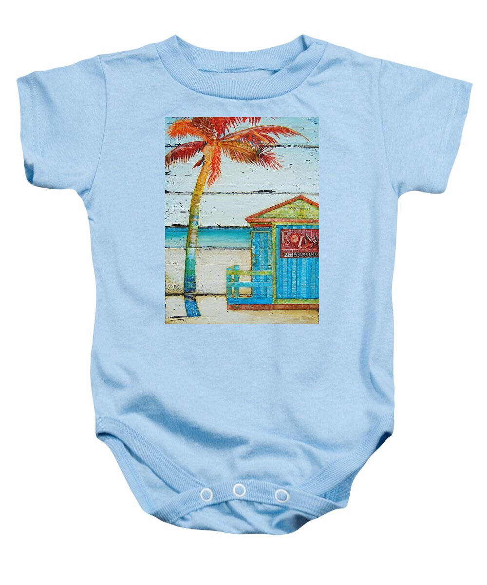 Palm Tree Baby Onesie featuring the mixed media Relax No Working by Danny Phillips