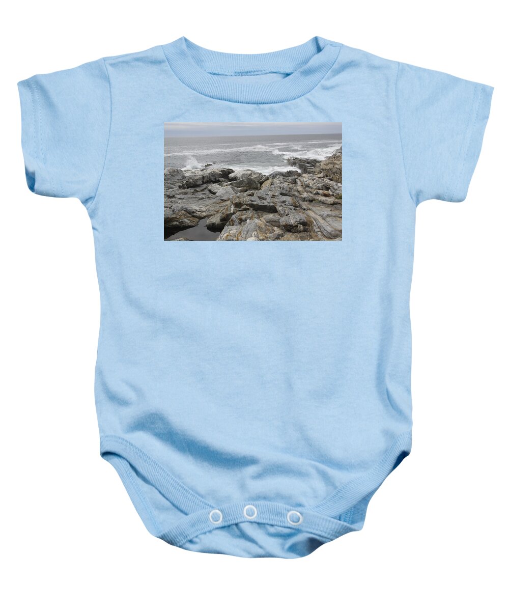 Rocks Baby Onesie featuring the photograph Rocks and Waves on Monhegan by Jean Macaluso