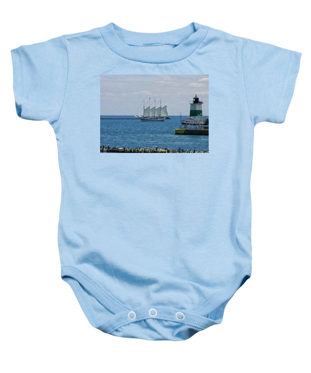 Landscape Baby Onesie featuring the digital art sailboat on Lake Michigan by Flees Photos