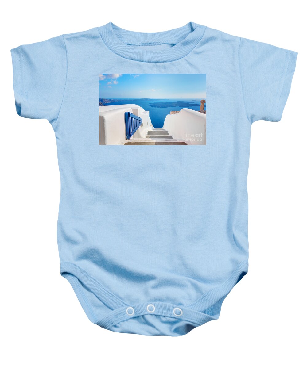 Greece Baby Onesie featuring the photograph Santorini Greece stairs to Aegean Sea by Michal Bednarek