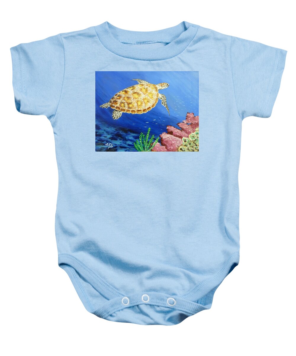 Sea Turtle Baby Onesie featuring the painting Sea Turtle by Amelie Simmons