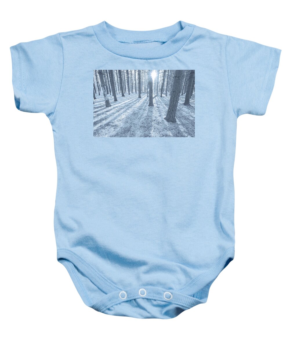 Tree Baby Onesie featuring the photograph Snow Amongst the Pines by John Hansen