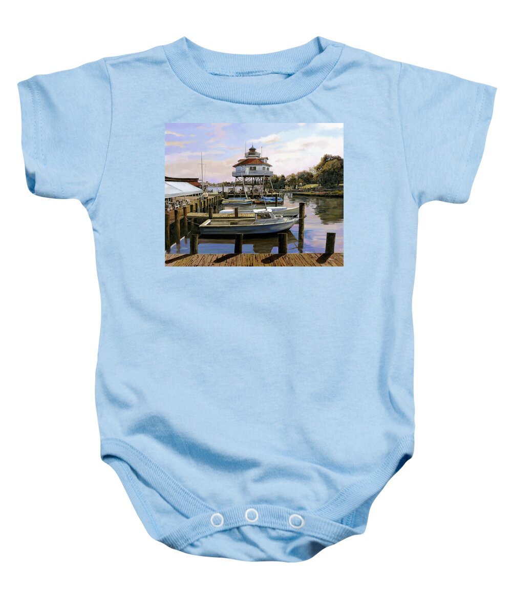 Solomon's Island Baby Onesie featuring the painting Solomon's Island Drum Point light house,MD by Guido Borelli