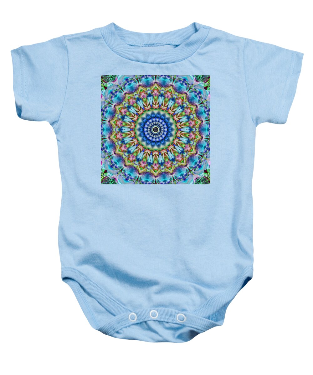 Cindi Ressler Baby Onesie featuring the photograph Soothing Blues Mandala by Cindi Ressler