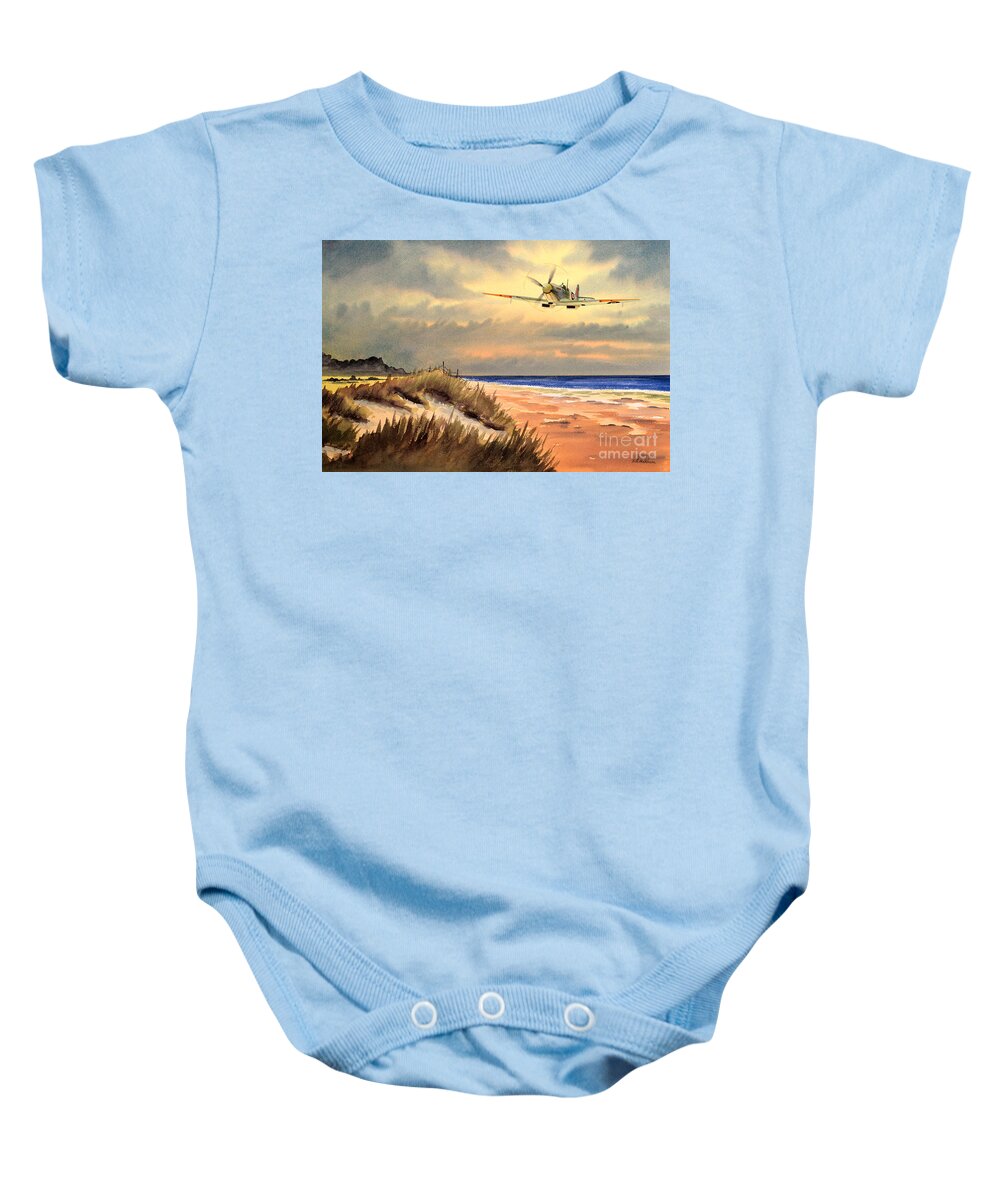 Aircraft Baby Onesie featuring the painting Spitfire MK9 - Over South Coast England by Bill Holkham