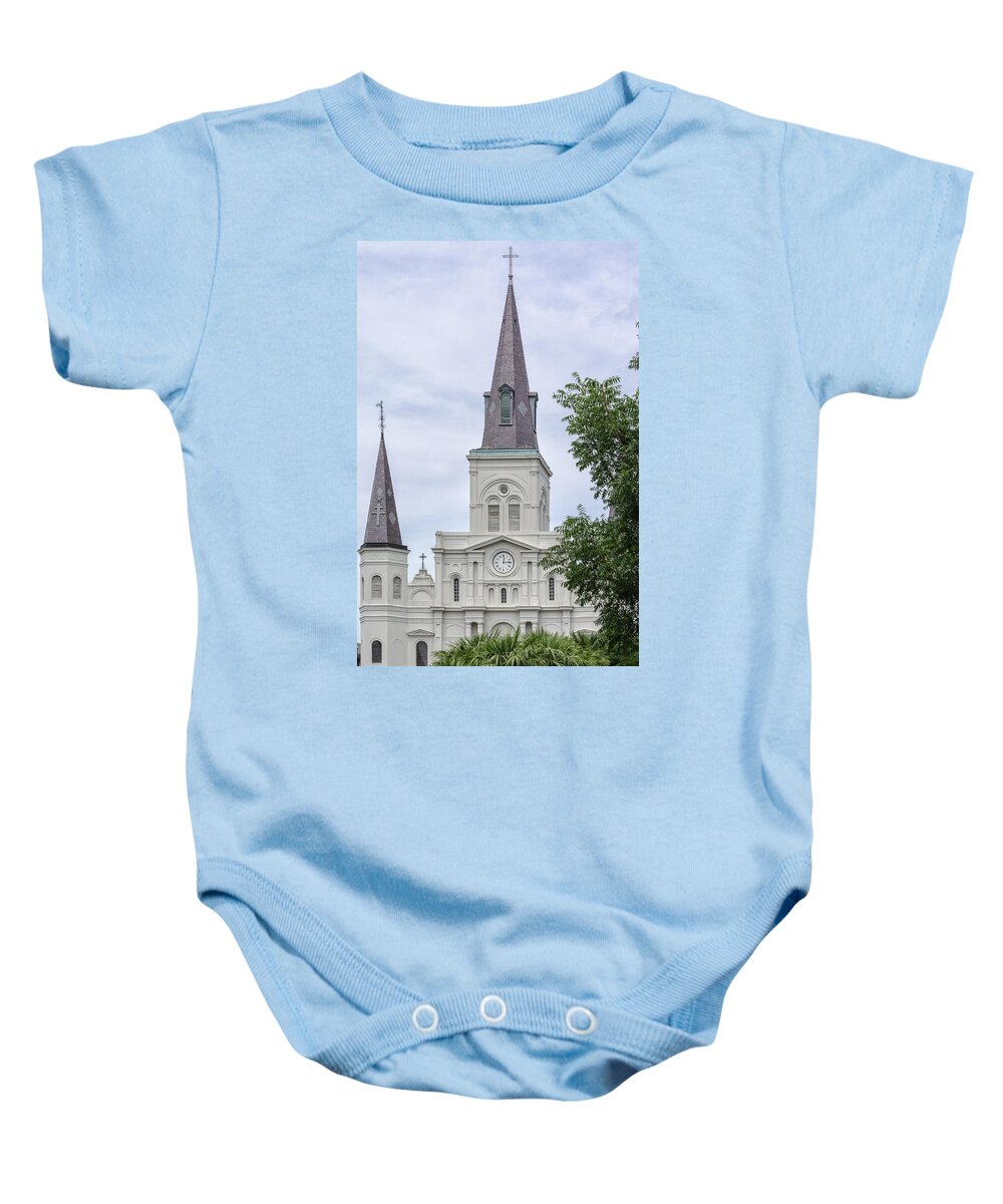 Architecture Baby Onesie featuring the photograph St. Louis Cathedral Through Trees by Jim Shackett