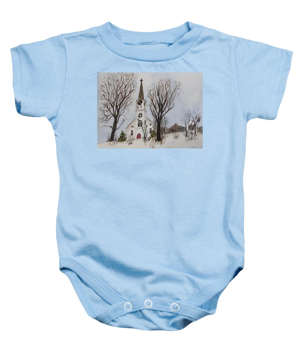 St. Pauls Baby Onesie featuring the painting St. Pauls Church in Barton VT in Winter by Donna Walsh
