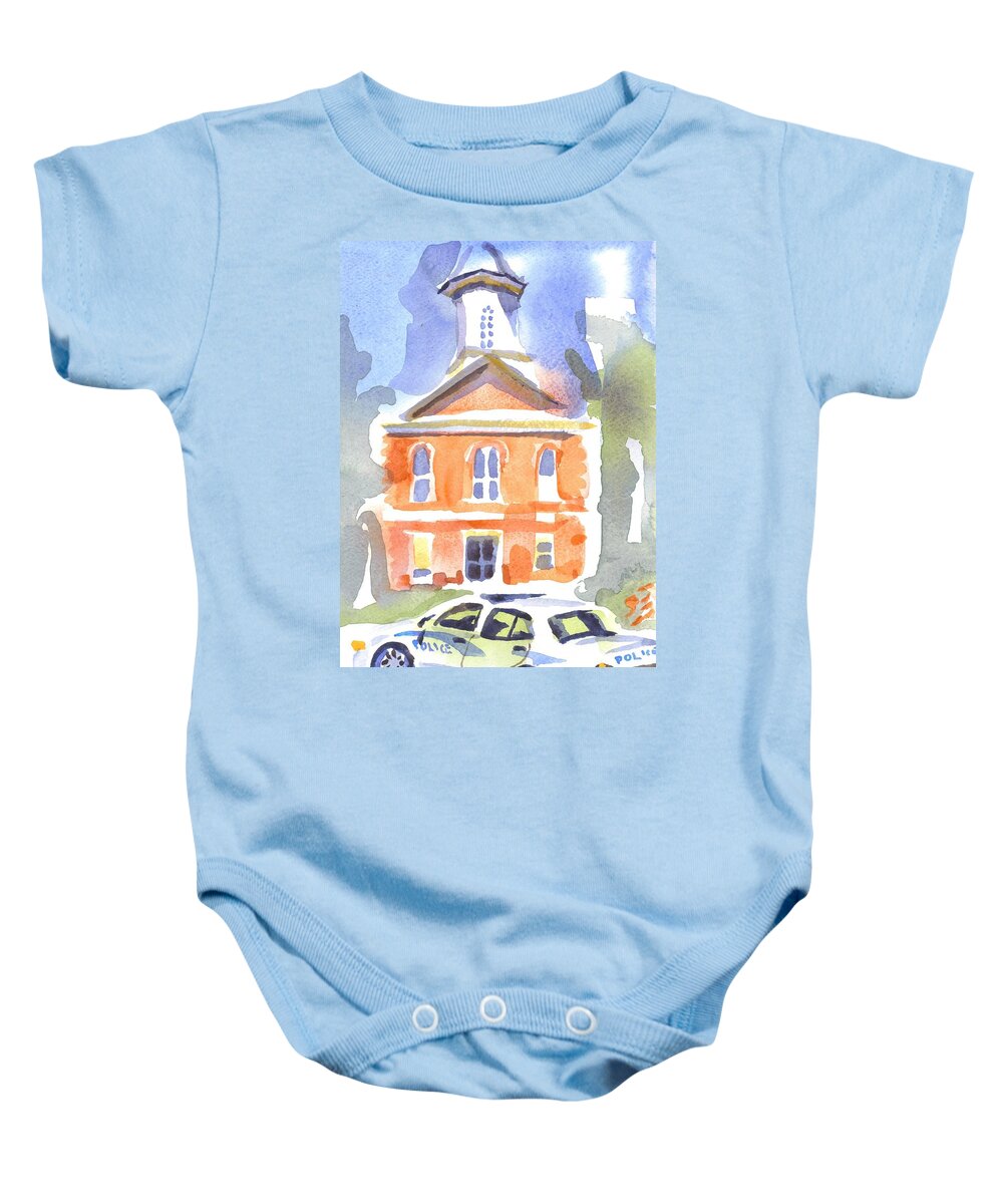 Stately Courthouse With Police Car Baby Onesie featuring the painting Stately Courthouse with Police Car by Kip DeVore