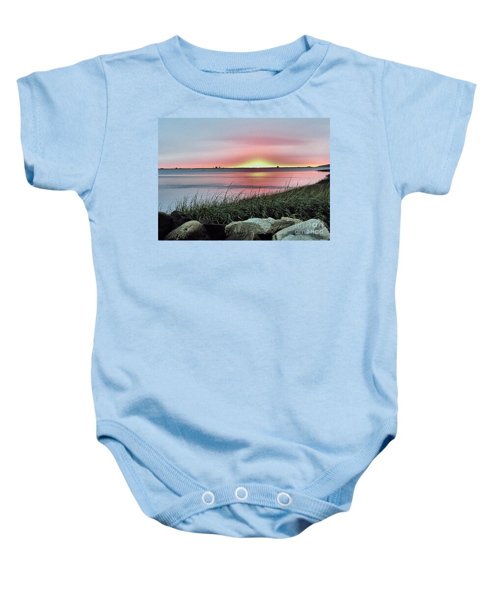 Sunrise Baby Onesie featuring the photograph Sunrise Over the Bay by Janice Drew