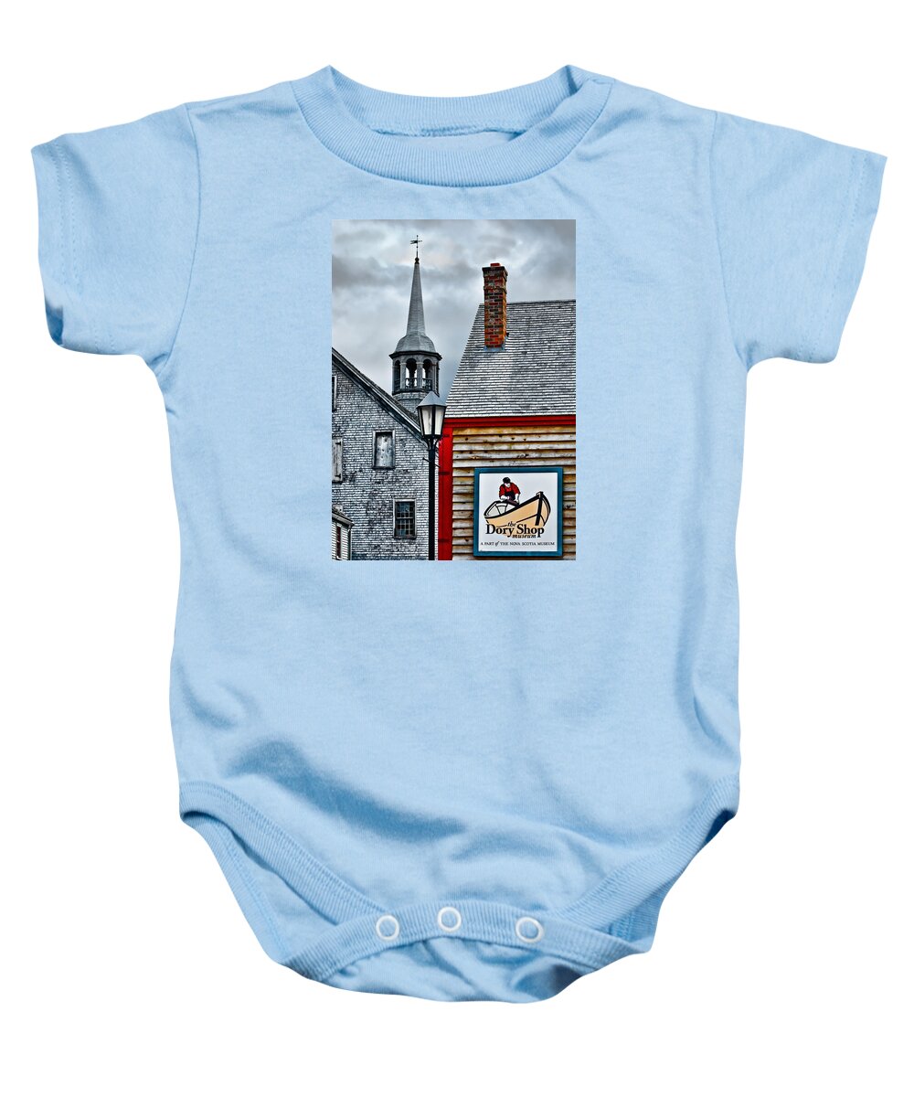 Shelburne Baby Onesie featuring the photograph The Dory Shop in Shelburne Nova Scotia by Ginger Wakem