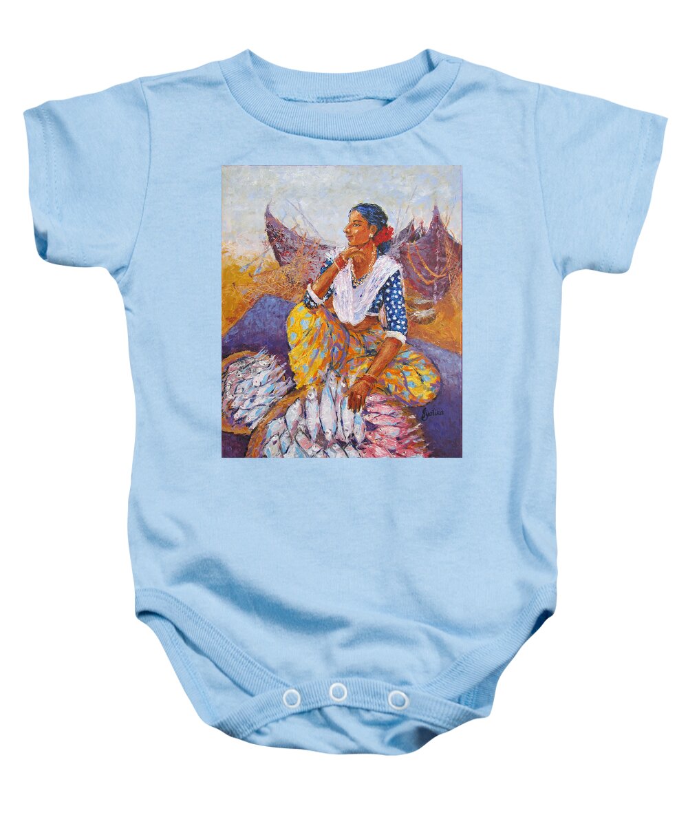 Fish Baby Onesie featuring the painting The Fisherwoman by Jyotika Shroff