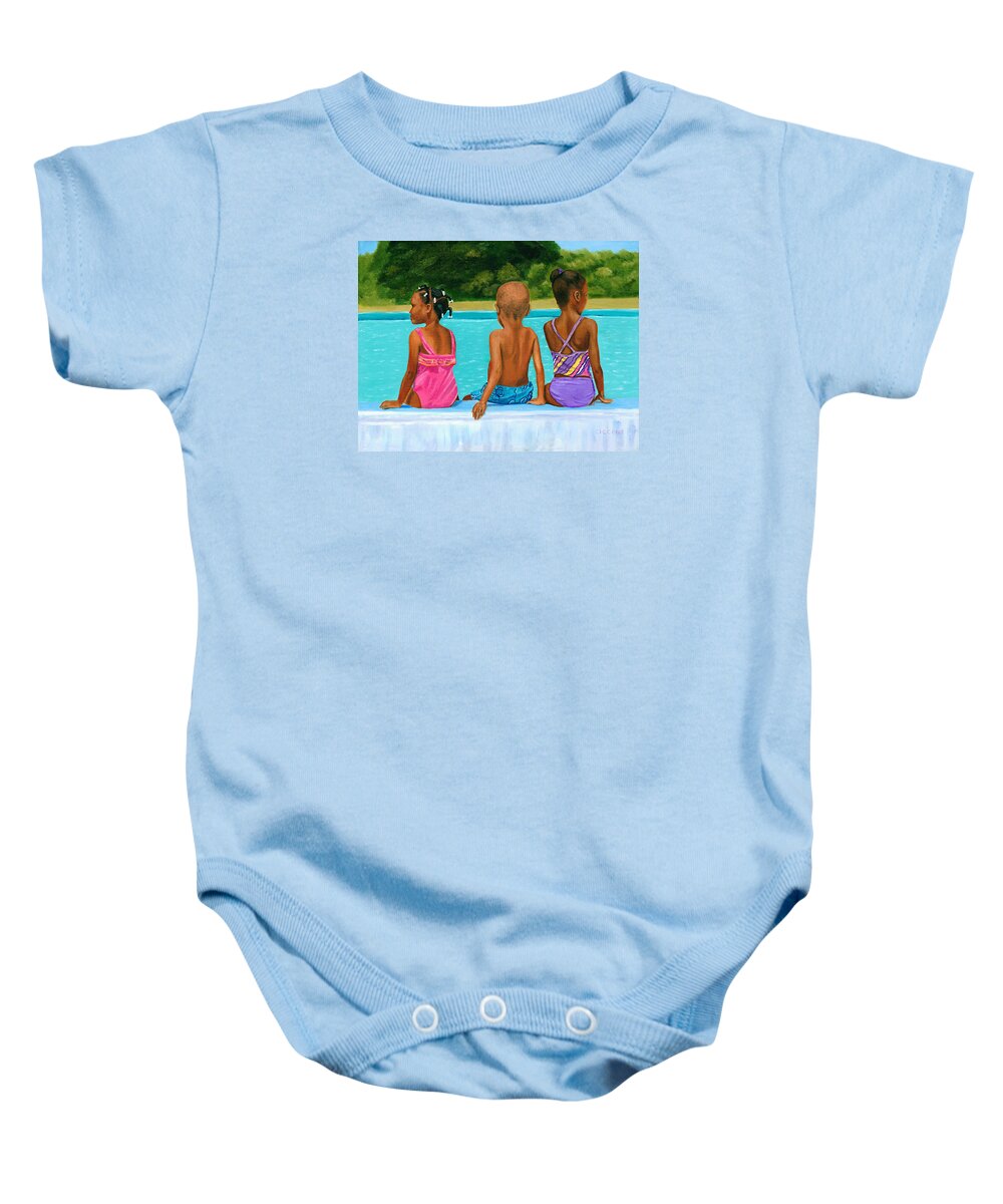 African American Baby Onesie featuring the painting The Swim Lesson by Jill Ciccone Pike