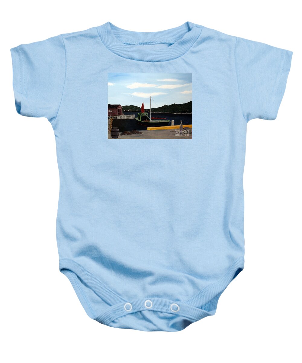 Barbara Griffin Baby Onesie featuring the painting The Tekakwitha - Black Schooner by Barbara A Griffin