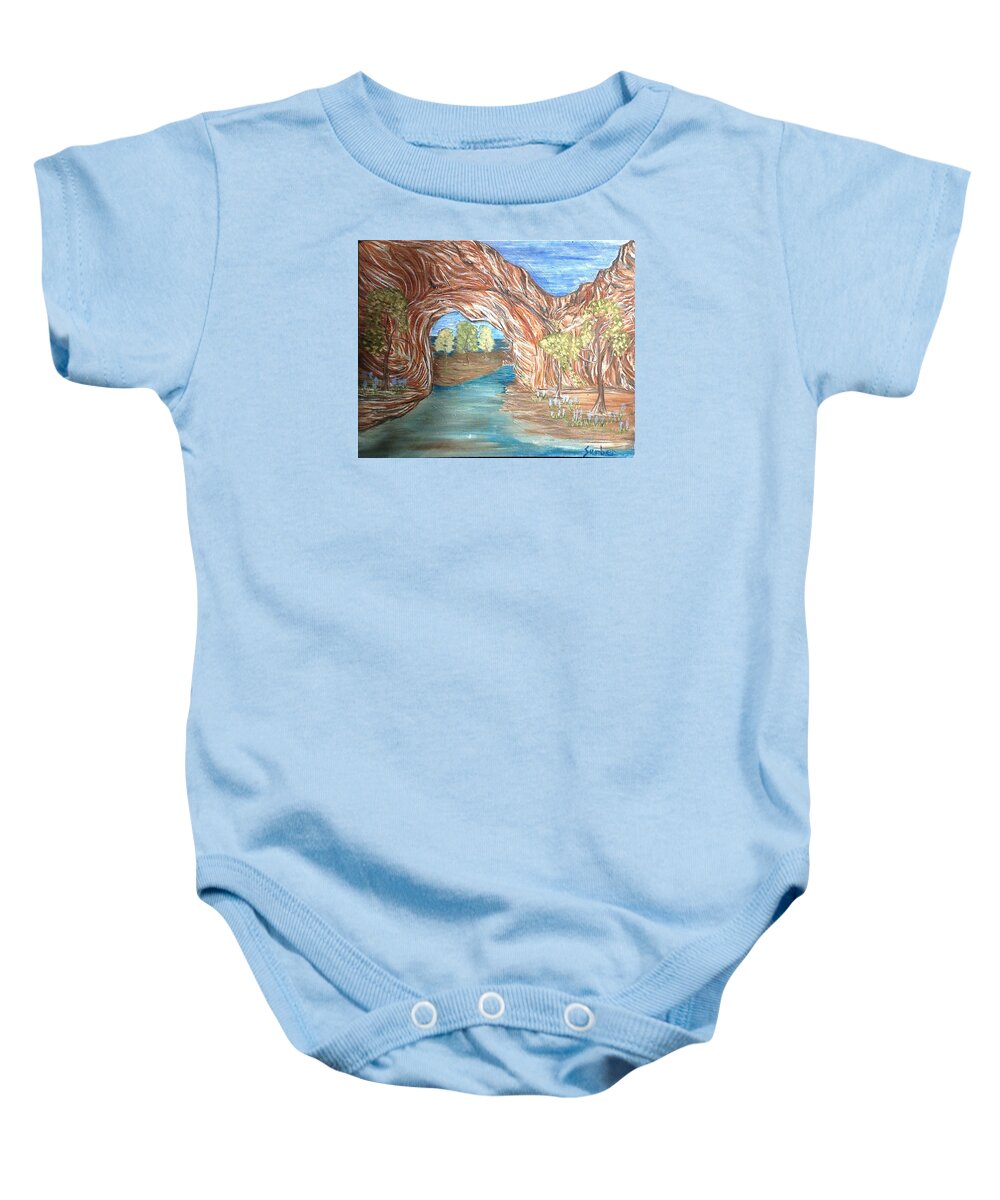 Red Rocks Baby Onesie featuring the painting Through the Rock Window by Suzanne Surber