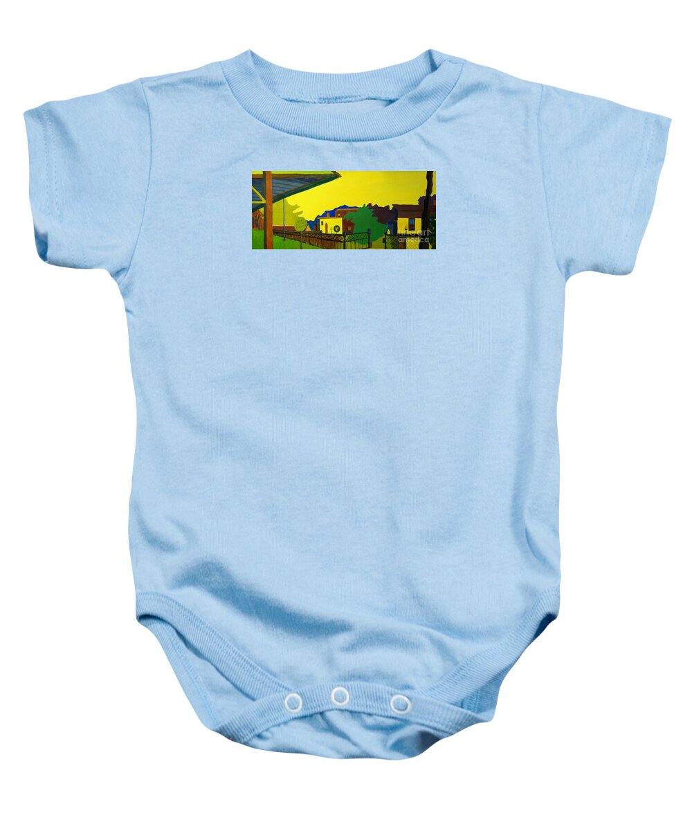 Landscape Baby Onesie featuring the painting Trainstop by Debra Bretton Robinson