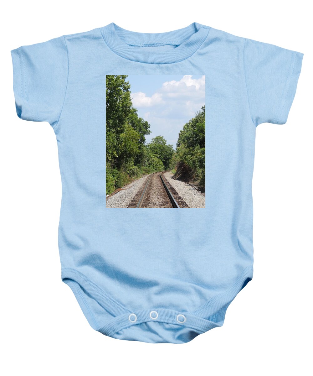 Railroad Baby Onesie featuring the photograph Traxs To Anywhere by Aaron Martens