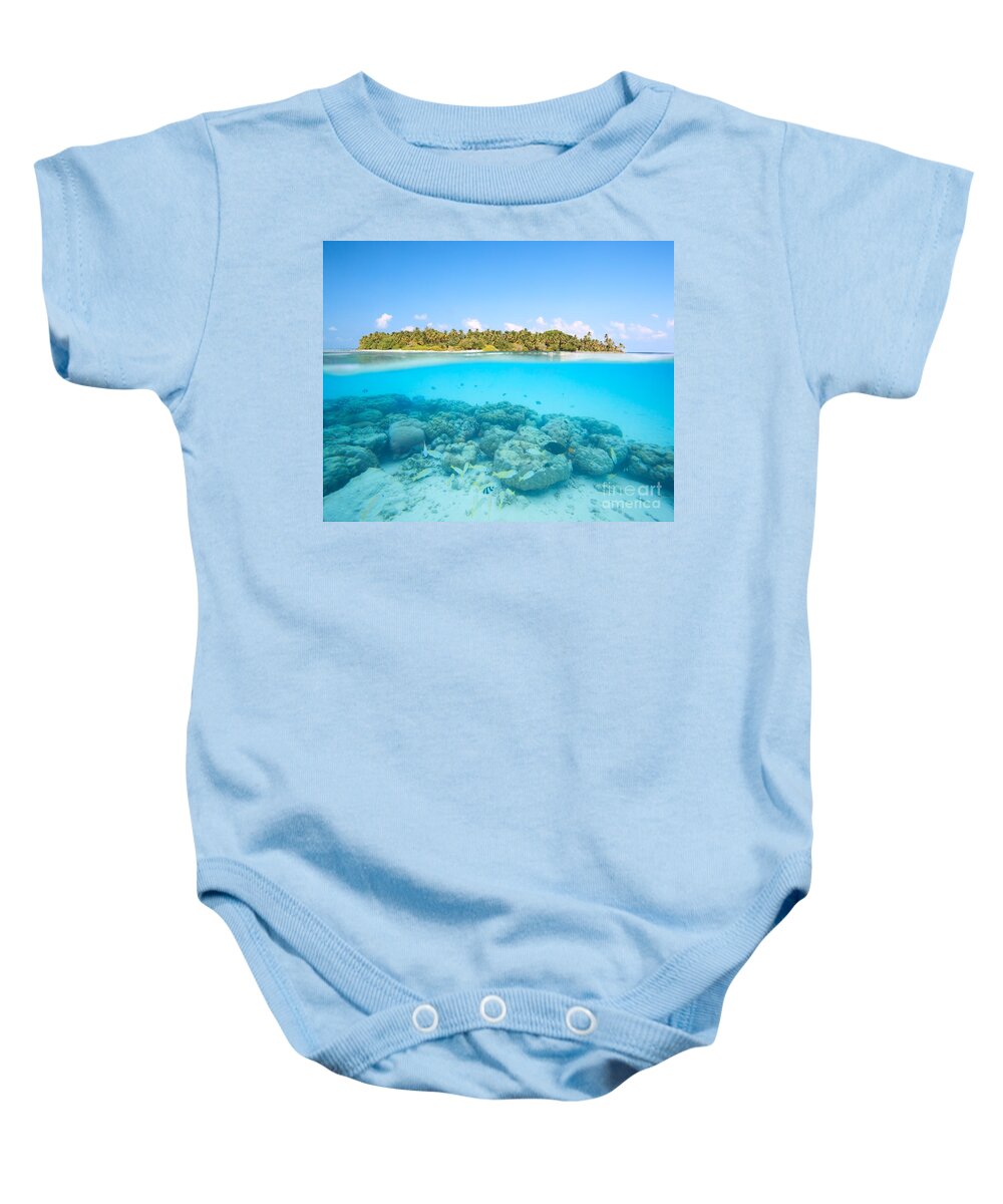 Tropical Baby Onesie featuring the photograph Tropical island and underwater coral reef - Maldives by Matteo Colombo