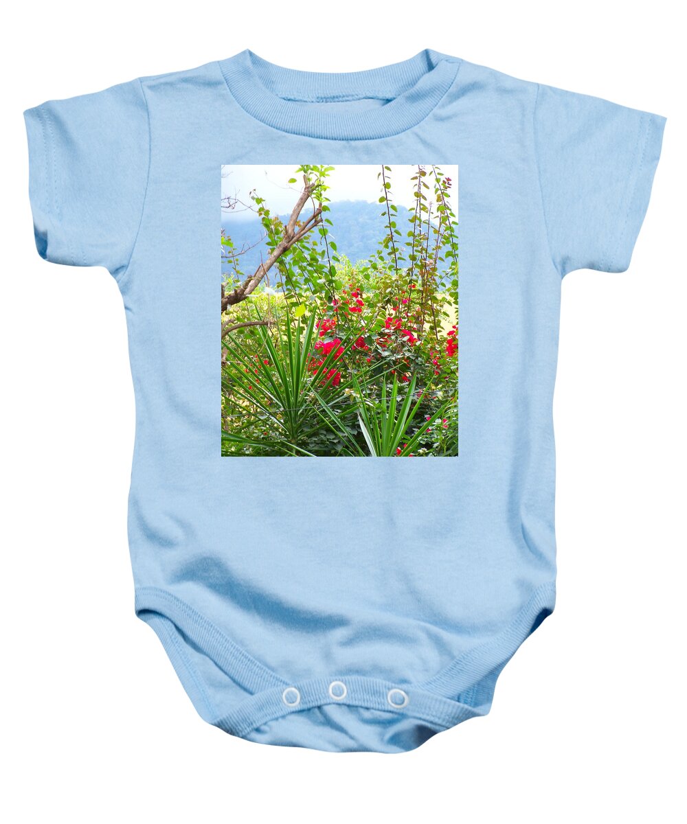 Tropical Colors Baby Onesie featuring the photograph Tropical Bougainvilleas Against Cool Mountain Mists by Pamela Smale Williams