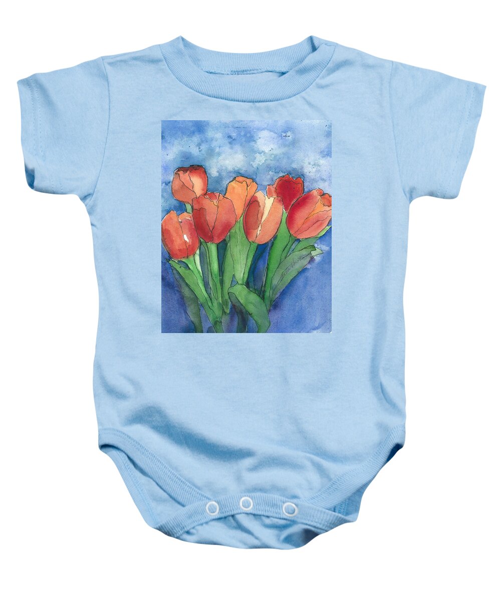 Red And Orange Tulips Baby Onesie featuring the painting Tulips After the Rain by Maria Hunt