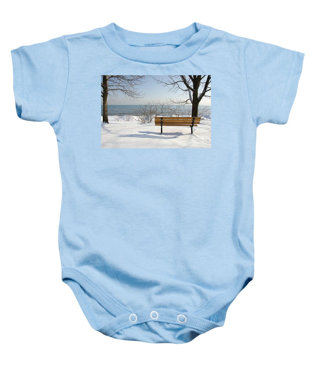 Bench Baby Onesie featuring the photograph Waiting For Spring by Laurel Best