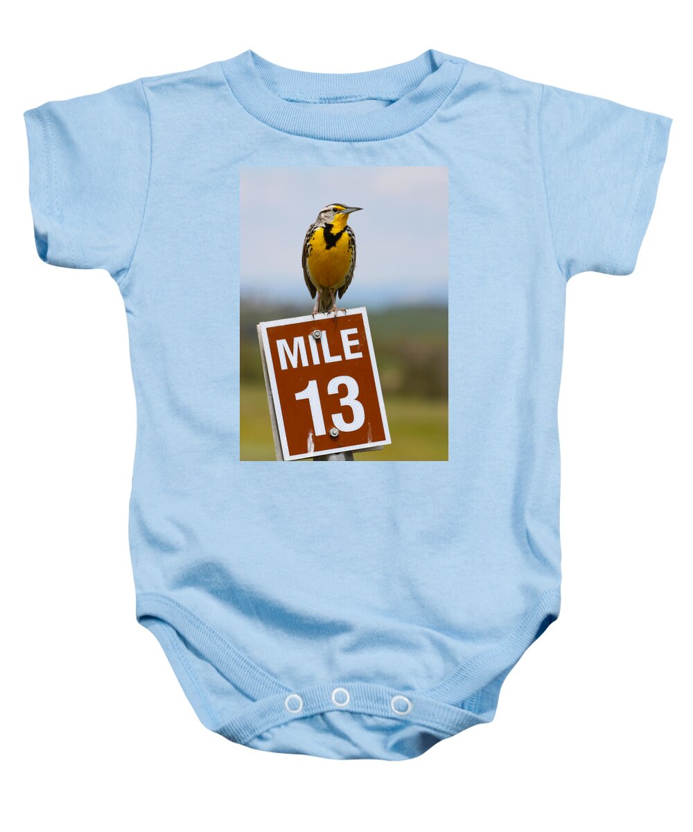 Wild Baby Onesie featuring the photograph Western Meadowlark on the Mile 13 Sign by Karon Melillo DeVega