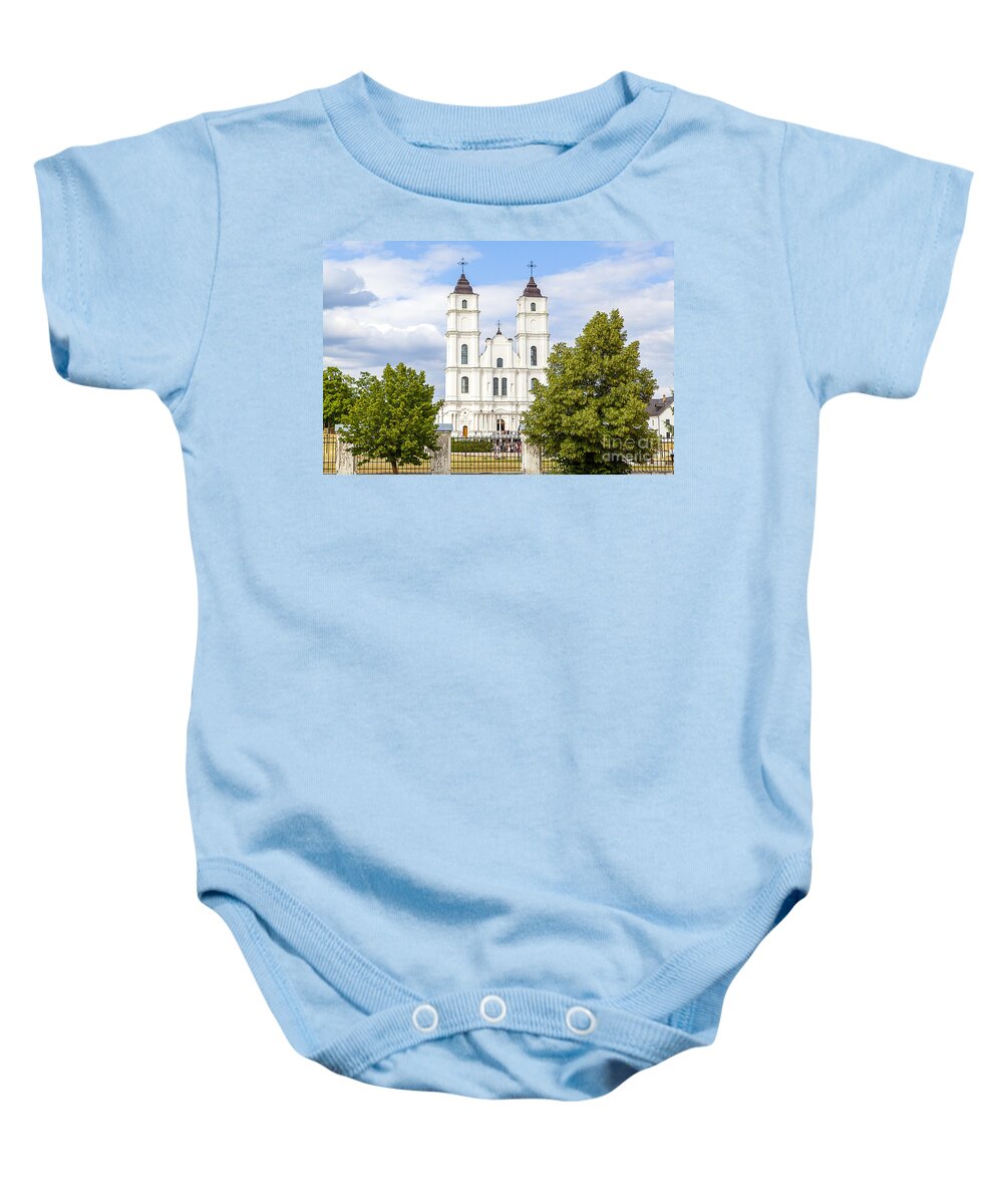  Abbey Baby Onesie featuring the photograph White church by Gina Koch