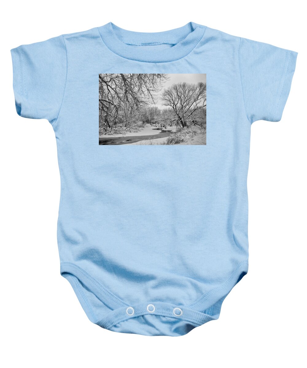 Winter Baby Onesie featuring the photograph Winter Creek in Black and White by James BO Insogna