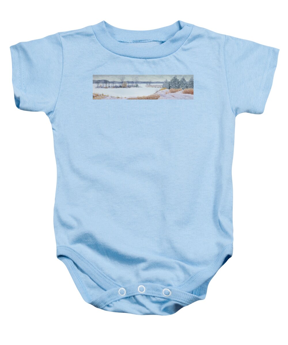 Panorama Baby Onesie featuring the painting Winter Lake and Cedars by Garry McMichael