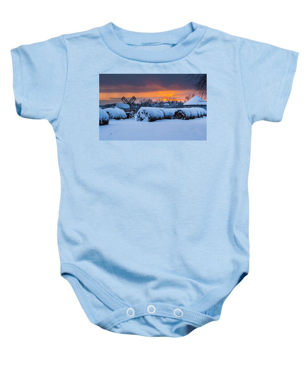 Snow Baby Onesie featuring the photograph Winter Sunset on the Farm by Holden The Moment