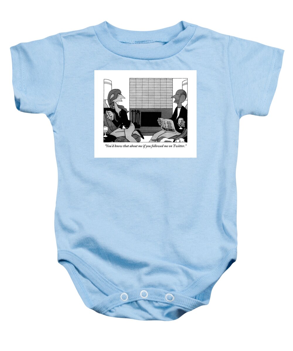 Couples Baby Onesie featuring the drawing Woman On Couch Says To Man Who Is Reading by William Haefeli