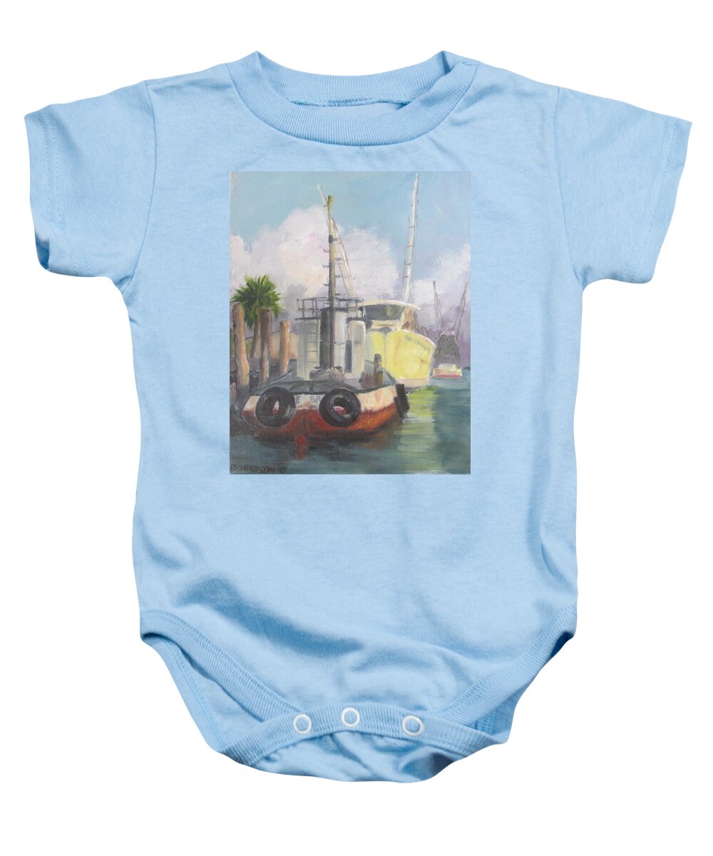 Tug Boat Baby Onesie featuring the painting Working Waterfront by Susan Richardson