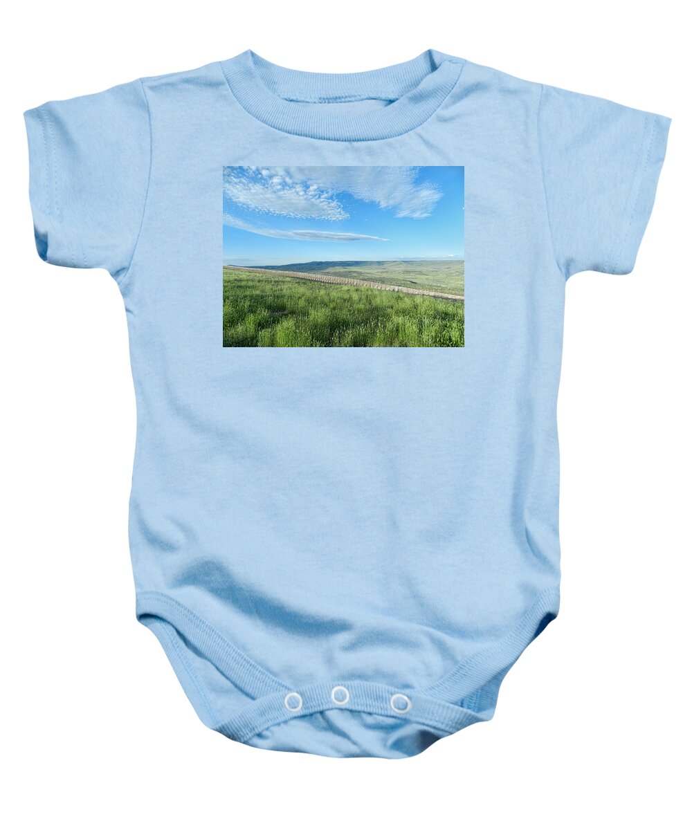 Wyoming Baby Onesie featuring the photograph Wyoming Snow Fence by Cathy Anderson