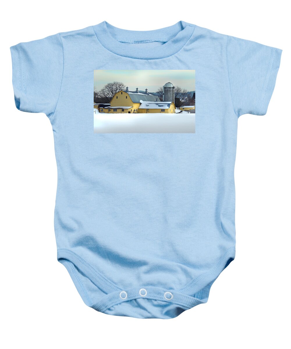 Farm Baby Onesie featuring the photograph Yellow Barn in Bradford Vermont by Nancy Griswold