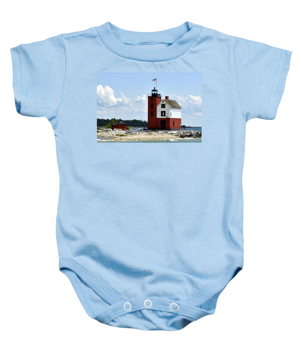Round Island Light House Baby Onesie featuring the photograph Round Island Lighthouse Michigan by Marysue Ryan