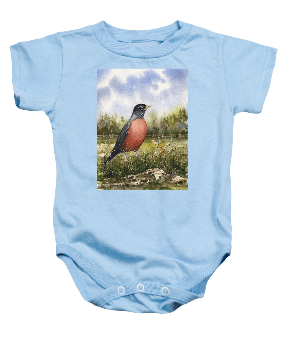 Bird Baby Onesie featuring the painting American Robin by Sam Sidders