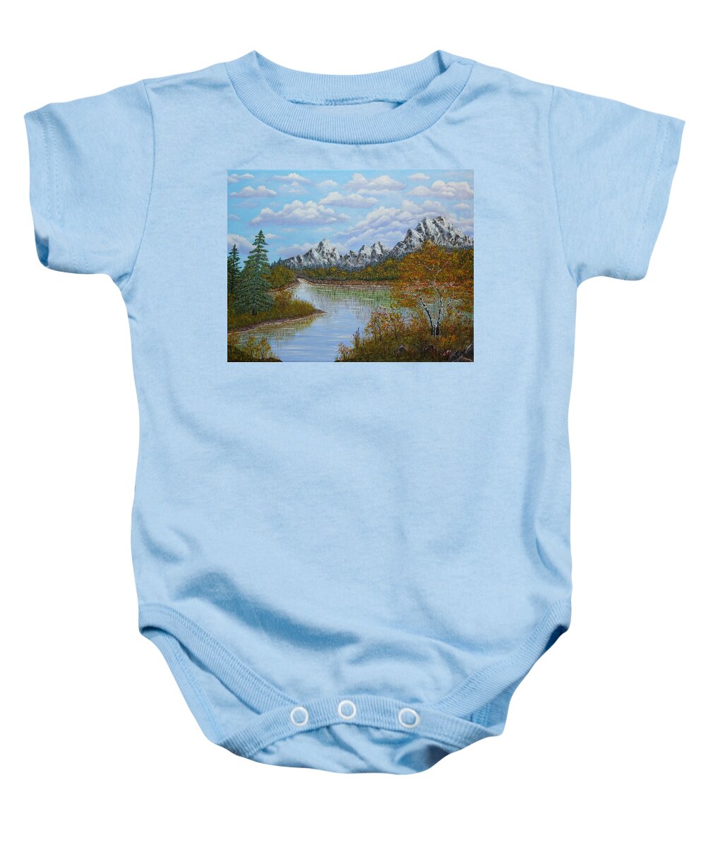 Mountain Landscape Baby Onesie featuring the painting Autumn Mountains Lake Landscape by Georgeta Blanaru