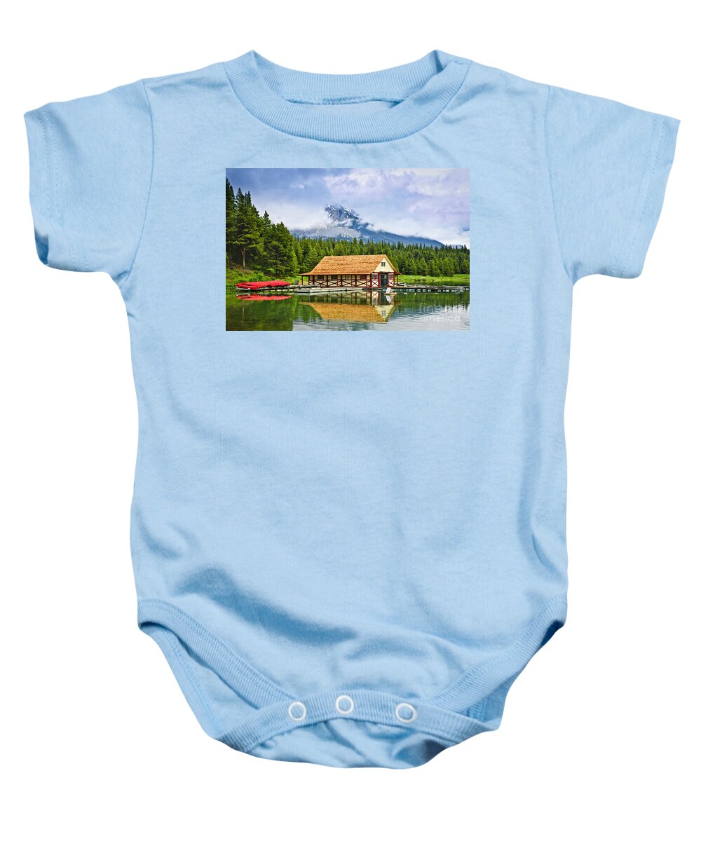 Boat House Baby Onesie featuring the photograph Boathouse on mountain lake by Elena Elisseeva