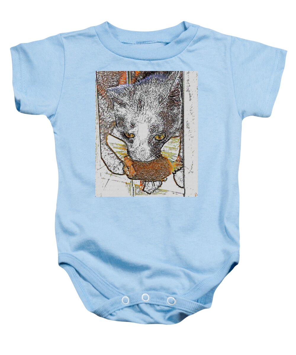 Art Baby Onesie featuring the painting Cat toy by David Lee Thompson