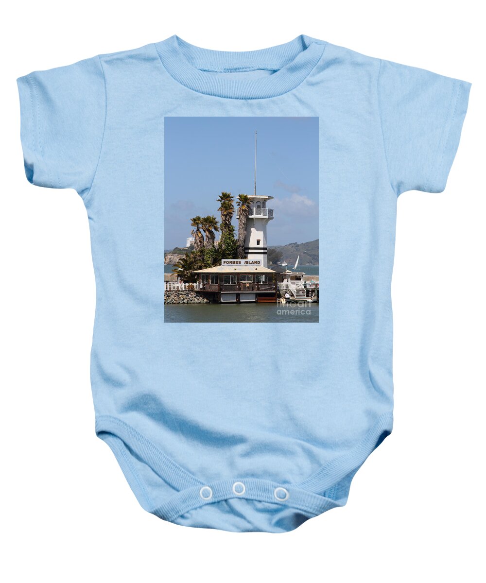 San Francisco Baby Onesie featuring the photograph Forbes Island Restaurant With Alcatraz Island in The Background . San Francisco California . 7D14257 by Wingsdomain Art and Photography