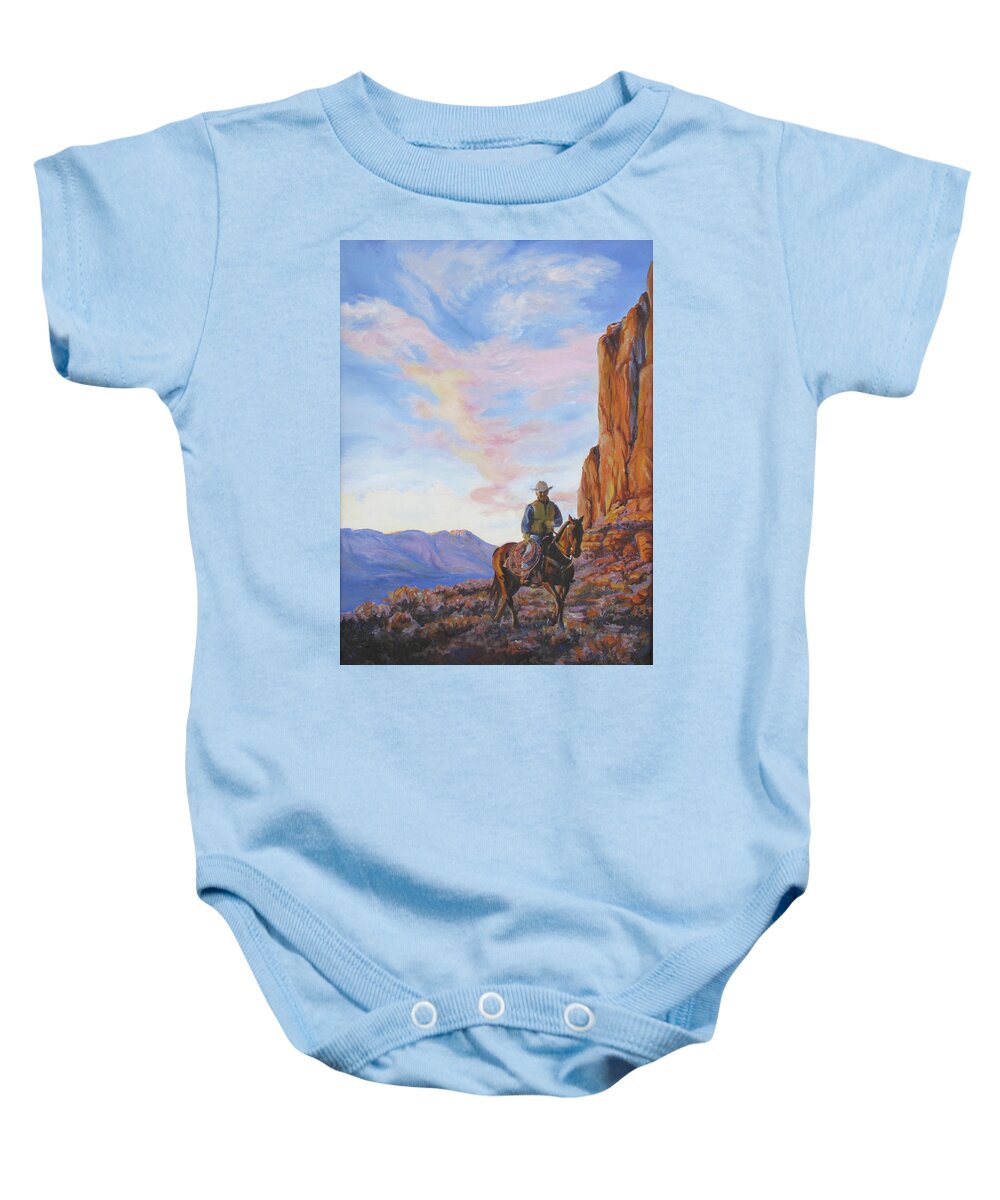 Rider Baby Onesie featuring the painting Last Light With a Mile to Go by Page Holland