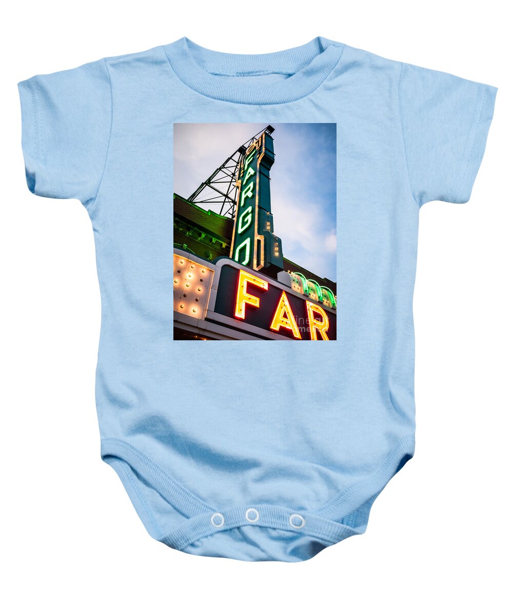 Fargo Baby Onesie featuring the photograph Photo of Fargo Theater Marquee Sign at Night by Paul Velgos