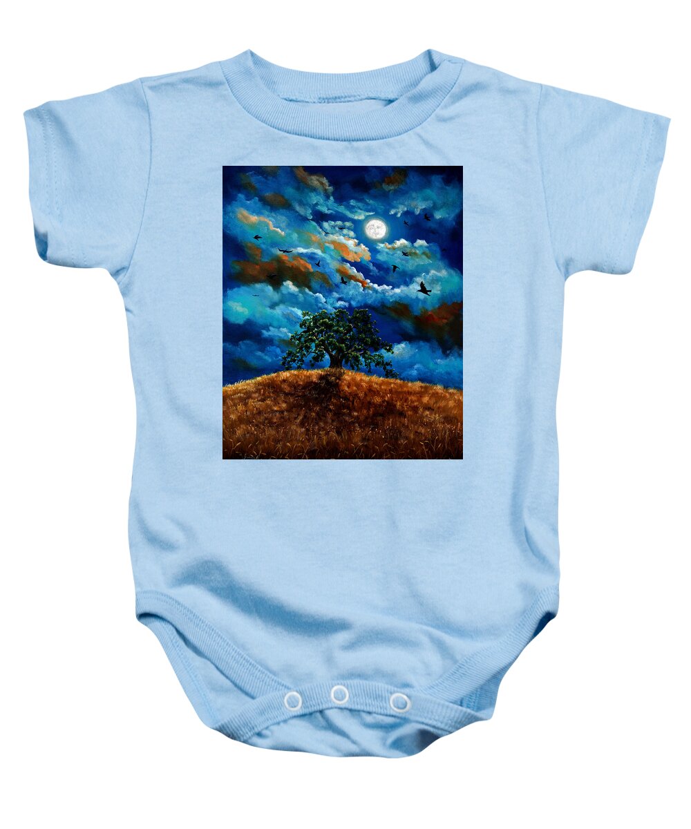 Ravens Baby Onesie featuring the painting Ravens in a Moonlit Landscape by Laura Iverson