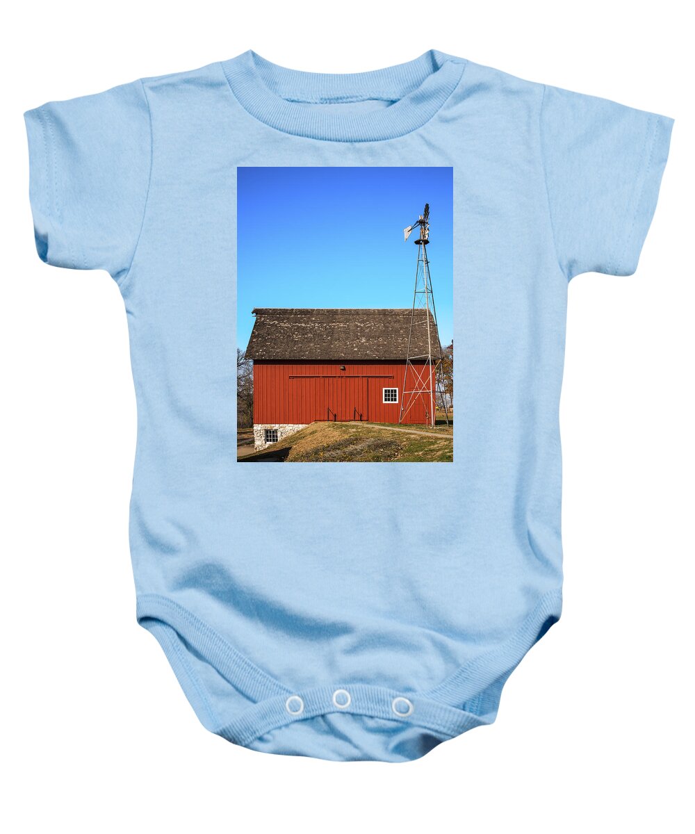 Barns Baby Onesie featuring the photograph Red Barn And Windmill by Ed Peterson