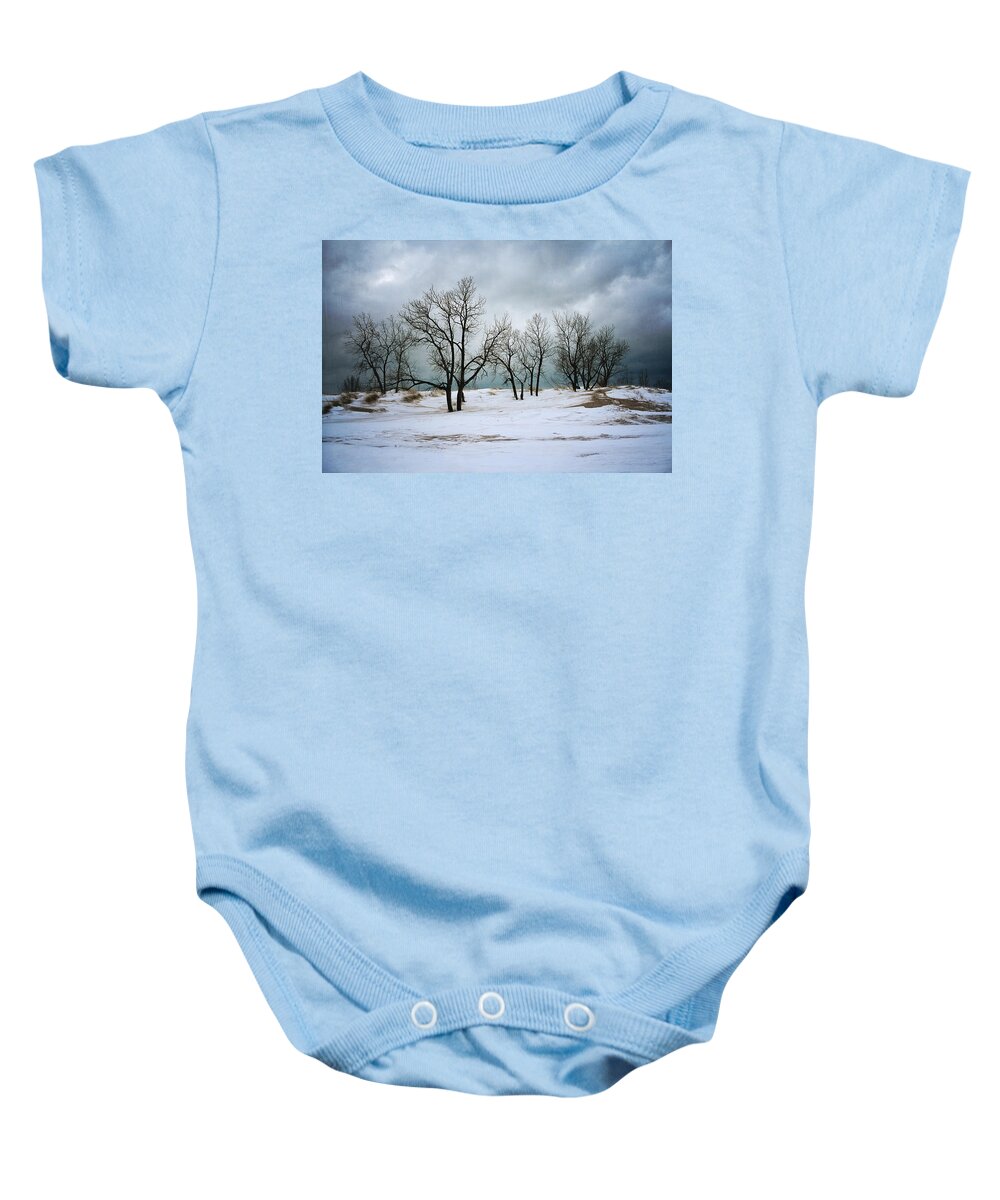 Michigan Baby Onesie featuring the photograph Winter Clouds by Laura Kinker