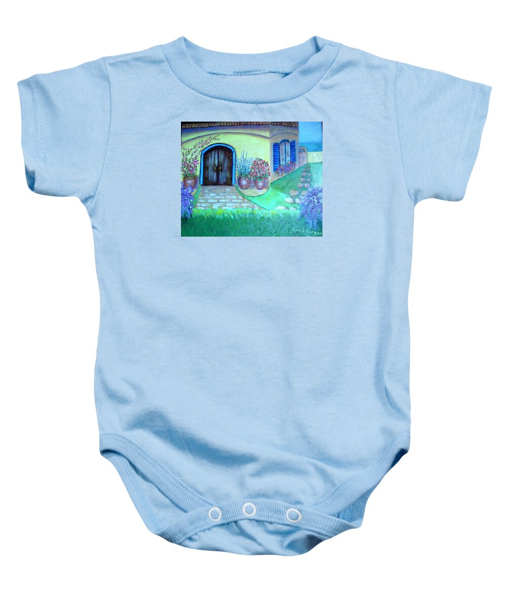 House Baby Onesie featuring the painting Yellow House with Blue Shutters by Laurie Morgan