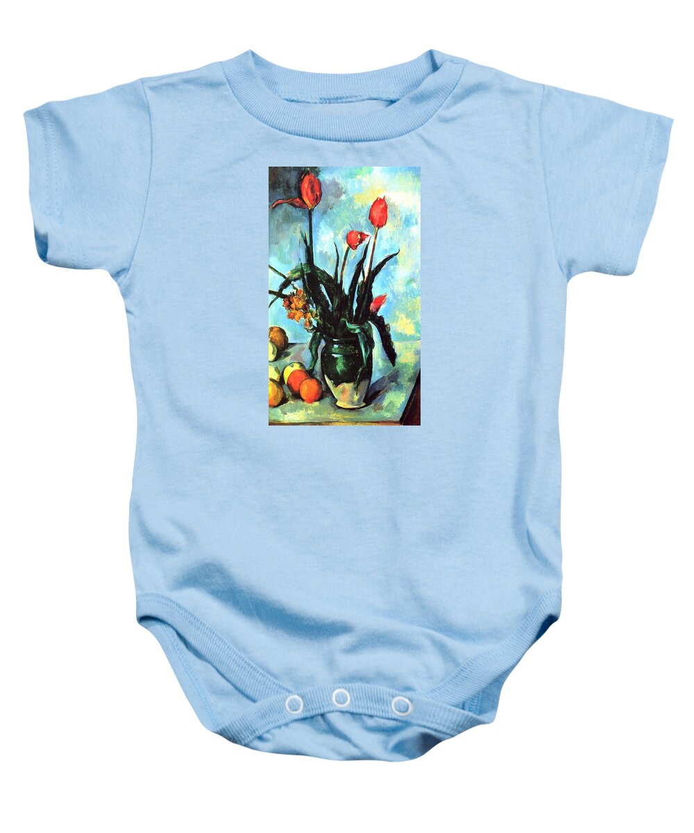 Cezanne Baby Onesie featuring the painting Tulips in a Vase by Paul Cezanne
