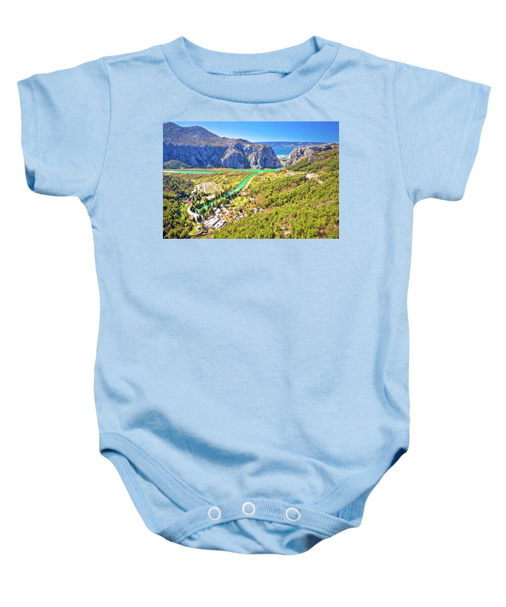 Omis Baby Onesie featuring the photograph Cetina river canyon and mouth in Omis view from above #1 by Brch Photography