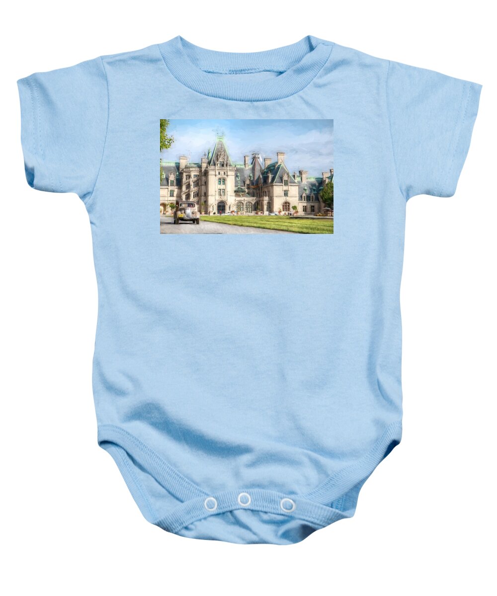 Woody Station Wagon Baby Onesie featuring the photograph 1936 Ford V8 Woody Station Wagon Leaving Biltmore House by Carol Montoya